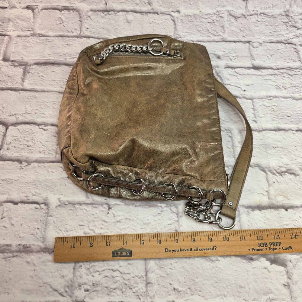 Michael Kors Designer Shoulder Bag Metallic Taupe Leather w/ Chain Accent - Picture 13 of 14